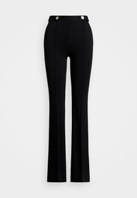 Pantaloni neri svasati realizzati in tessuto elasticizzato, caratterizzati da una vita alta, due tasche frontali e dettagli in metallo argentato in vita.