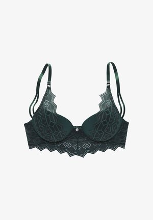 Tamnozelena čipkasta grudnjak s geometrijskim uzorcima, podesivim satenskim trakama i resastim rubom. Uključuje pojedinačnu kopču sprijeda.