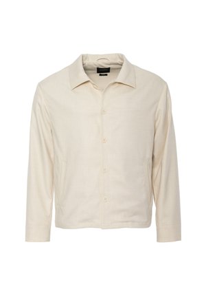Vaaleabeige, pitkähihaisen paidan, jossa on kärkipäinen kaulus, napillinen etu, kaksi sivutaskua ja siisti, teksturoidun kankaan viimeistely.