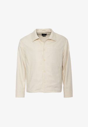 Vaaleabeige, pitkähihaisen paidan, jossa on kärkipäinen kaulus, napillinen etu, kaksi sivutaskua ja siisti, teksturoidun kankaan viimeistely.