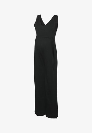 Mono negro sin mangas con escote en V, con un cuerpo ajustado y silueta de pierna amplia. Fabricado en una tela suave y elástica. Incluye un detalle de cintura atada.