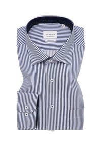 Blauw-wit gestreept katoenen overhemd, gevouwen, met een puntige kraag, knopen aan de voorkant en contrasterend bloemmotief op de binnenkant van de kraag.