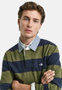 Poloshirt met lange mouwen in groen en marineblauw horizontale strepen, met een lichtblauwe kraag en logo-detail op de linkerborst. Zachte stoftextuur.