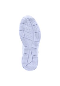 White sneaker sole featuring a textured rubber grip with geometric patterns and a reinforced edge for added durability.