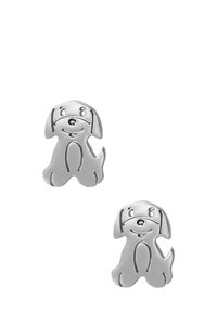 Boucles d'oreilles en argent en forme de chien avec des traits faciaux en relief et une finition texturée, affichant un design ludique.