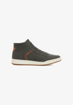 High-top sneakers made of dark gray leather with a smooth texture, brown accents, rubber sole, and lace-up front.