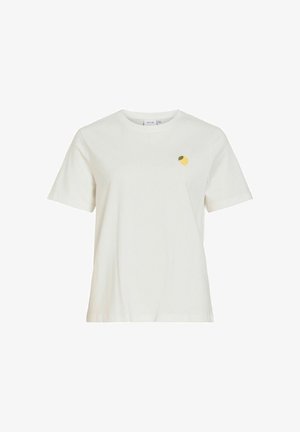 Valge lühikeste varrukatega ümara kaelusega T-särk väikese kollase sidruni graafika ja rohelise lehega vasakul rinnal.