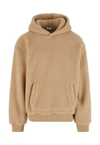 Sudadera con capucha de forro polar en color beige con una superficie texturizada, bolsillo canguro y dobladillo y puños acanalados. Cuenta con una capucha ajustable con cordones.