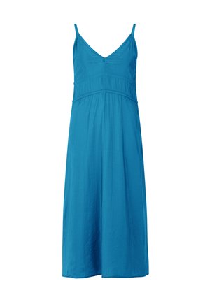 Tyrkysové midi šaty s tenkými nastaviteľnými ramienkami, výstrihom do v, a empírovým pásom, vyrobené z mäkkého, ľahkého materiálu.