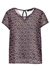 Haut noir transparent avec motif géométrique rose, manches courtes, col rond et détail en losange au dos. Tissu léger.