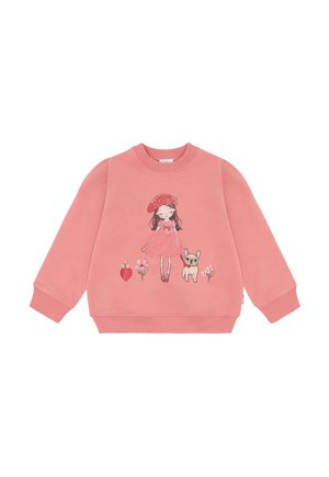 Maglione rosa a maniche lunghe per bambini con illustrazione di una ragazza in abito e basco a pois che tiene un guinzaglio per cani, fiori e una fragola.