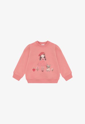 Maglione rosa a maniche lunghe per bambini con illustrazione di una ragazza in abito e basco a pois che tiene un guinzaglio per cani, fiori e una fragola.