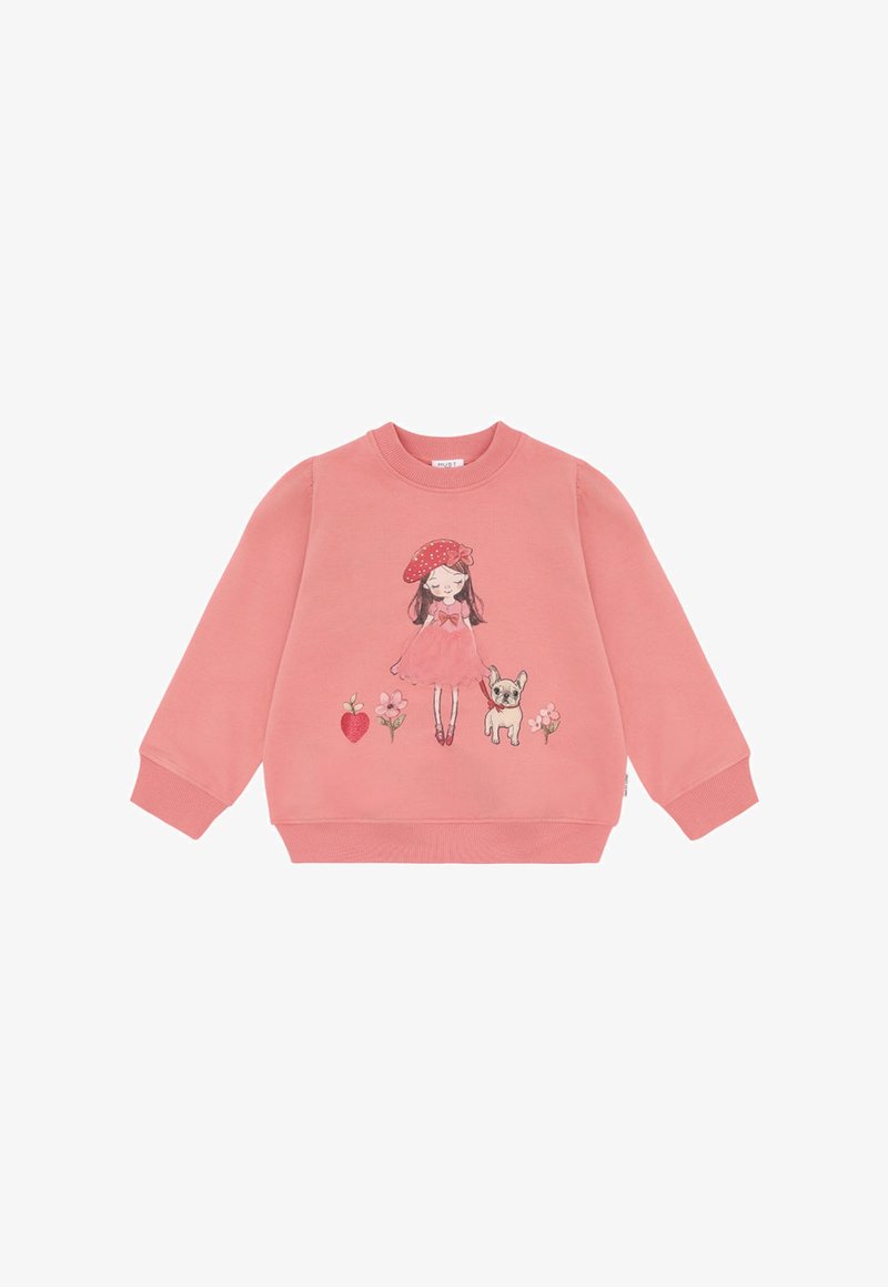 Pull pour enfants à manches longues rose avec illustration d'une fille en robe et béret à pois tenant une laisse de chien, des fleurs et une fraise.