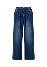 Spodnie dżinsowe o szerokich nogawkach w ciemnoniebieskim dżinsie. Posiadają wysoki stan, plisowany przód oraz tradycyjne kieszenie. Gładka tekstura z minimalnym blaknięciem.