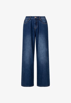 Wijdbenige jeans in donkerblauw denim. Heeft een hoge taille, geplooide voorkant en traditionele zakken. Soepele textuur met minimale vervaging.