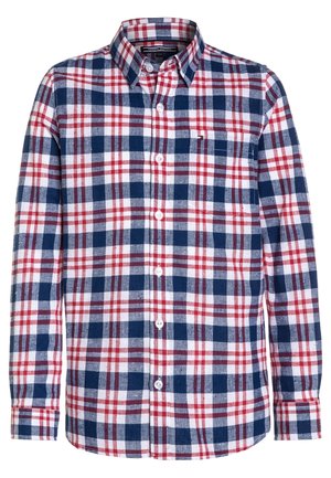 Langærmet skjorte med knapper, i rød, hvid og marineblå ternet mønster, med en brystlomme på venstre side.