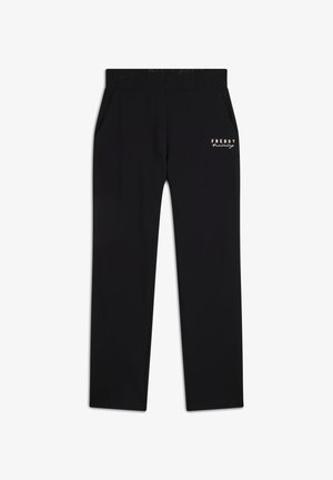 Pantalons de jogging noirs avec taille élastique, poches latérales et logo blanc "FREDDY Training" sur la hanche gauche, fabriqués en tissu doux et extensible.