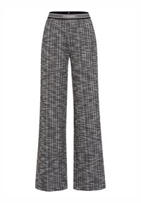 Black and white checkered wide-leg trousers with a textured woven pattern, featuring an elastic waistband with a contrasting stripe detail.