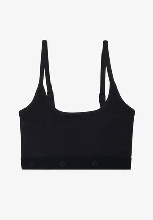 Bralette preto com riscas, com alças finas ajustáveis e uma banda elástica suave com discretos acentos de logotipo. Feito de material elástico e confortável.