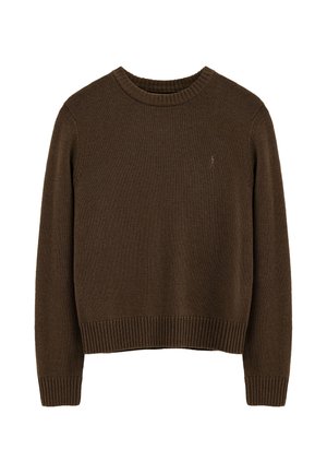 Jersey marrón de punto con mangas largas, puños, cuello y bajo acanalados, presentado plano sobre fondo blanco.