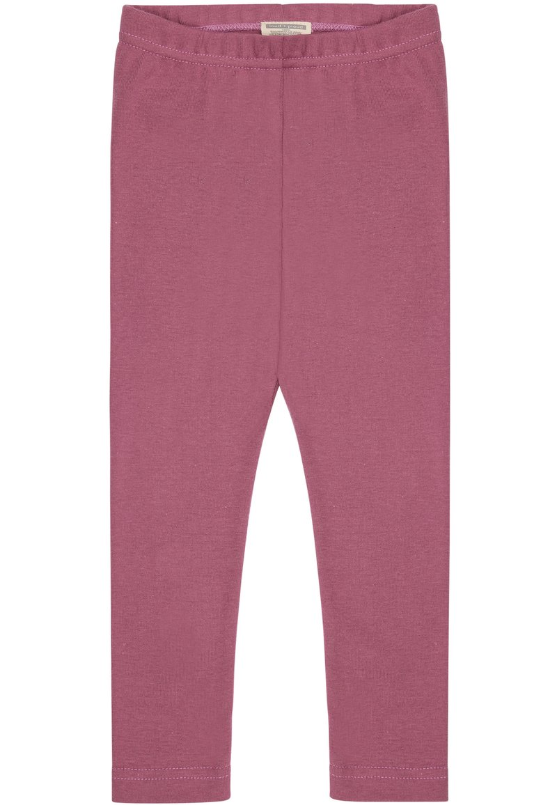 Leggings viola realizzati in cotone morbido e elasticizzato. Caratterizzati da una vita elasticizzata e senza tasche, con cuciture lisce e un design aderente.