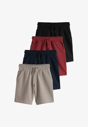 Fire par shorts vist i en stak: beige, marineblå, bordeaux og sort, lavet af blødt stof med elastisk talje og lommer.