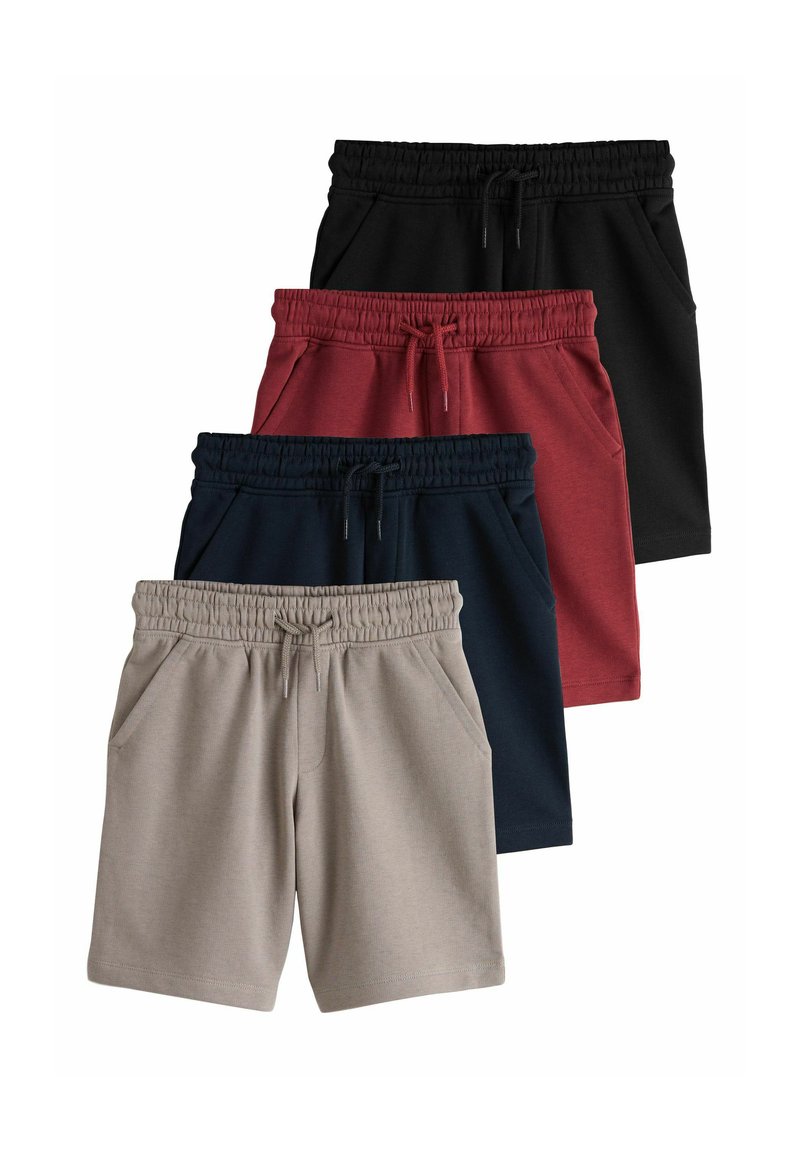 Cuatro pares de pantalones cortos apilados: beige, azul marino, granate y negro, hechos de tela suave con cintura elástica y bolsillos.