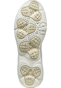 White rubber sneaker sole with a textured surface, featuring multiple rounded shapes and ventilation holes for breathability.