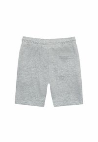 Shorts en coton gris clair avec taille élastique et une poche arrière, présentés à plat sur un fond blanc.