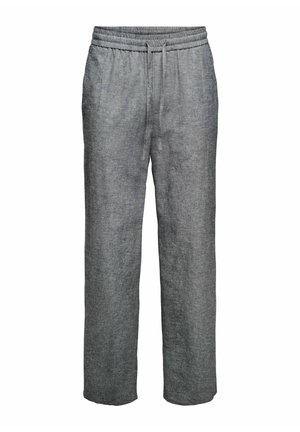 Szare casualowe lniane spodnie z elastycznym paskiem i sznurkiem, o prostym kroju nogawek, zaprojektowane z myślą o komforcie.