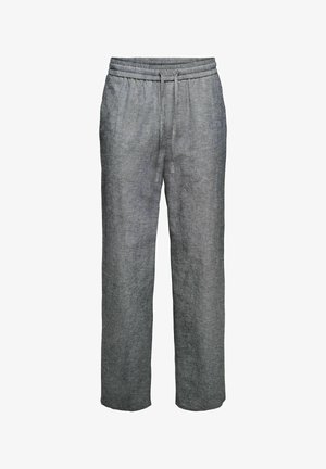 Pelēkas ikdienas lina bikses ar elastīgu jostu un aukliņu, taisnas bikses kāja, izstrādātas ērtībai.