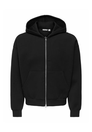 Black zip-up hoodie with front pockets, ribbed cuffs, and a hood, displayed on a plain white background.
