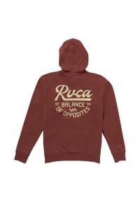 Red hooded sweatshirt made of cotton blend. Features a large beige graphic on the back with text "Rvca Balance of Opposites." Soft texture.