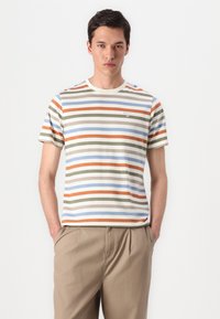 Striped cotton t-shirt featuring horizontal stripes in green, blue, orange, and cream; round neckline; small logo on chest.