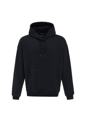 Black pullover hoodie with a front kangaroo pocket, long sleeves, ribbed cuffs, and adjustable drawstrings on the hood.