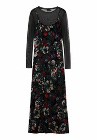 Černé květinové šaty s vrstveným designem, průhledným topem s dlouhým rukávem a barevnými květinovými vzory v červené, zelené a fialové barvě.