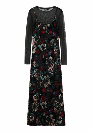 Rochie neagră cu flori, având un design stratificat, cu un top din plasă transparentă cu mâneci lungi și modele florale colorate în roșu, verde și violet.