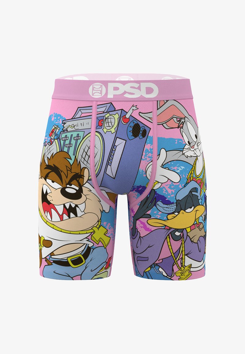 Kleurrijke boxers van polyester met Looney Tunes-figuren, voornamelijk roze met grafische illustraties, elastische tailleband en een aangesloten ontwerp.