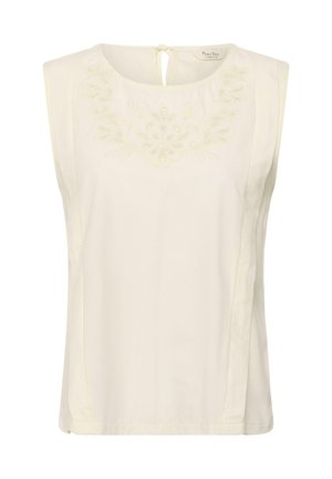 Ärmellose cremefarbene Bluse mit rundem Ausschnitt, dezenten floralen Stickereien auf der Brust und Schlitz mit Kordelverschluss auf der Rückseite.
