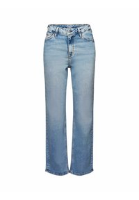 Jeans de mezclilla de corte ancho en azul claro con cintura alta, que presentan un cierre de botón, bolsillos frontales y un ligero desgastado para un aspecto uniforme.