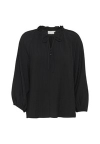 Black blouse with a textured, crinkled fabric. Features a ruffled neckline, tie closure, and three-quarter sleeves with elastic cuffs.