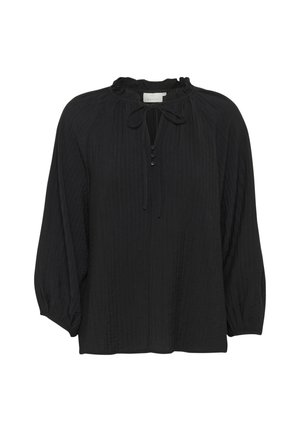 Schwarze Bluse aus strukturiertem, geknittertem Stoff. Sie hat einen gerafften Ausschnitt, eine Bindeschließe und Dreiviertelärmel mit elastischen Bündchen.