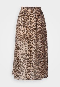 Leopardmönstrad midikjol med veck, genomskinligt material, beige och bruna toner, elastisk midja, flödande design och rak fåll.