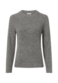 Grey knit sweater with a crew neckline, long sleeves, and ribbed hem. Features textured fabric and a fitted silhouette.