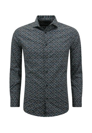 Langarmshirt van zwarte stof met een klein, veelkleurig bloemmotief. Beschikt over een klassieke kraag en een knoopsluiting aan de voorkant.
