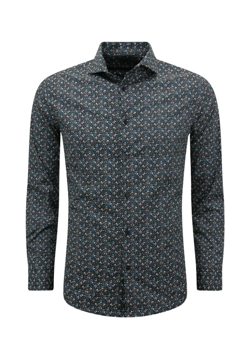 Langarmshirt van zwarte stof met een klein, veelkleurig bloemmotief. Beschikt over een klassieke kraag en een knoopsluiting aan de voorkant.
