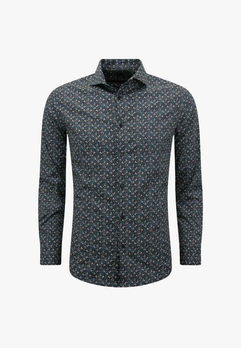 Langarmshirt van zwarte stof met een klein, veelkleurig bloemmotief. Beschikt over een klassieke kraag en een knoopsluiting aan de voorkant.