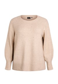 Beżowy sweter dzianinowy z okrągłym dekoltem, długimi rękawami i luźnym krojem, ozdobiony małymi srebrnymi ćwiekami na przodzie.