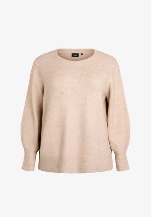 Beige gebreide trui met een ronde hals, lange mouwen en een relaxed fit, versierd met kleine zilveren studs over de voorkant.