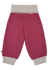 Fleece-Sweatpants in Bordeaux mit einem grauen elastischen Bund. Mit Bündchen an den Knöcheln und einem kleinen farbigen Etikett an der Seite.